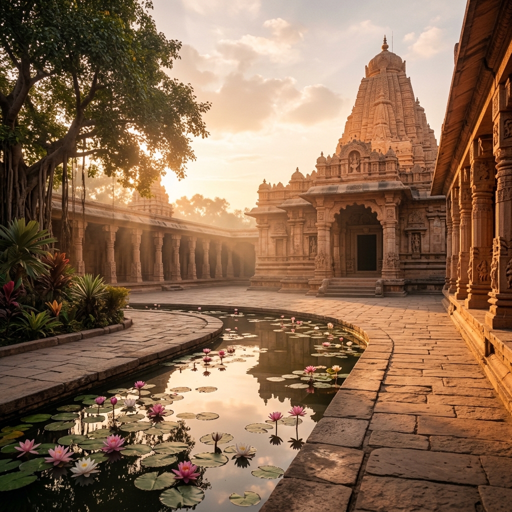 Paisaje contemplativo de India, templo con luz cálida al amanecer